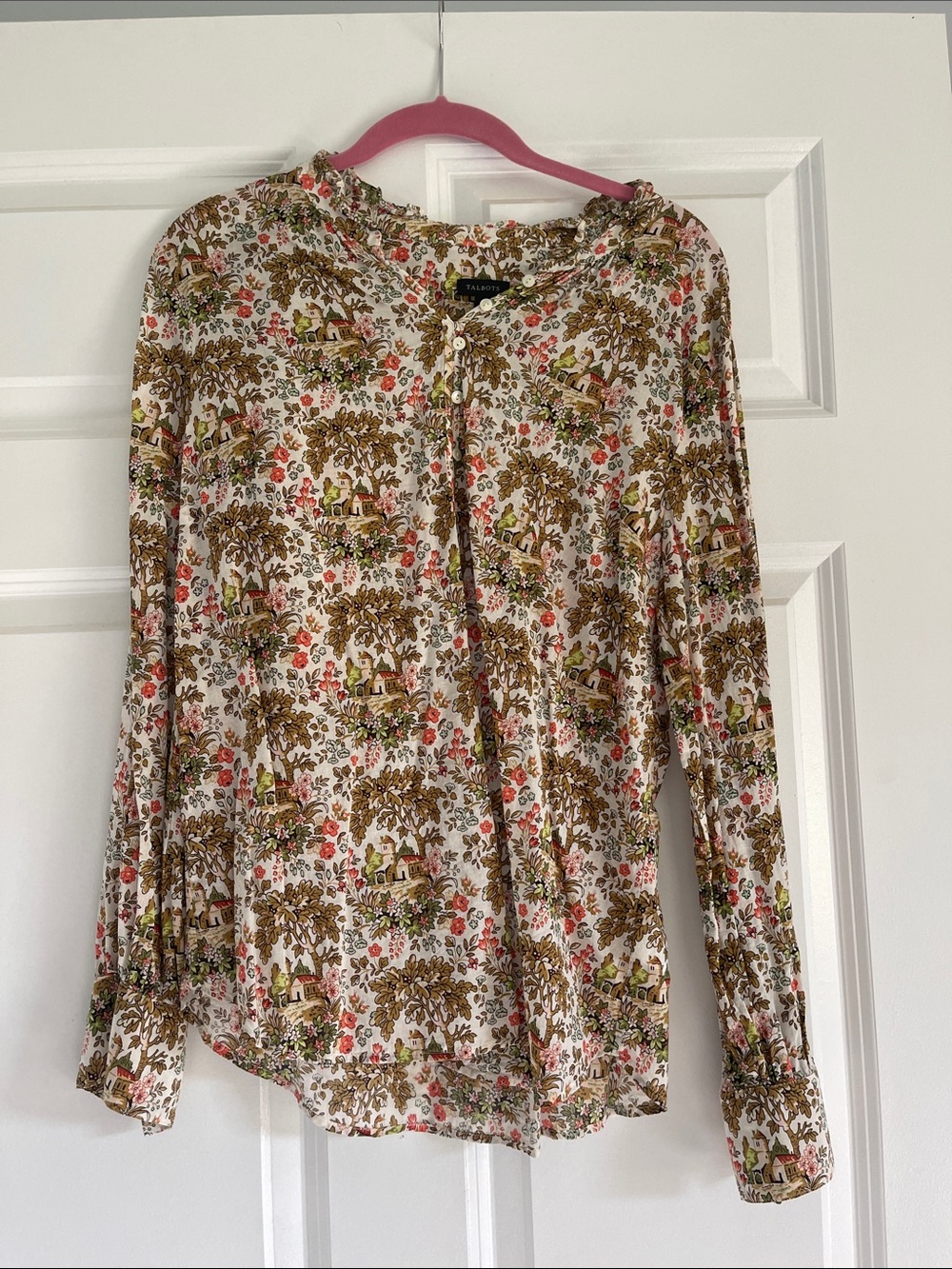 Talbots Cream Floral & Tree Print Long-Sleeve Blouse